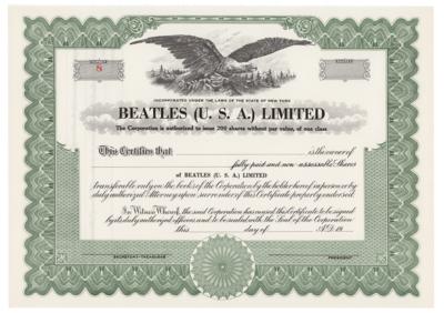 Lot #4007 Beatles 1964 Stock Certificate