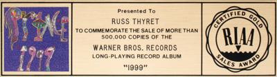Lot #4612 Prince '1999' RIAA Sales Award Presented to Russ Thyret - Image 3
