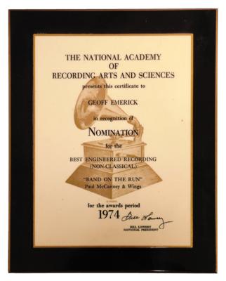 Lot #4024 Paul McCartney and Wings 'Band on the Run' Grammy Nomination Plaque - Image 1