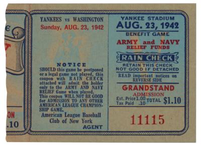 Lot #988 New York Yankees vs. Washington Senators 1942 Military Benefit Ticket Stub: Babe Ruth's 'Last Home Run' - Image 1