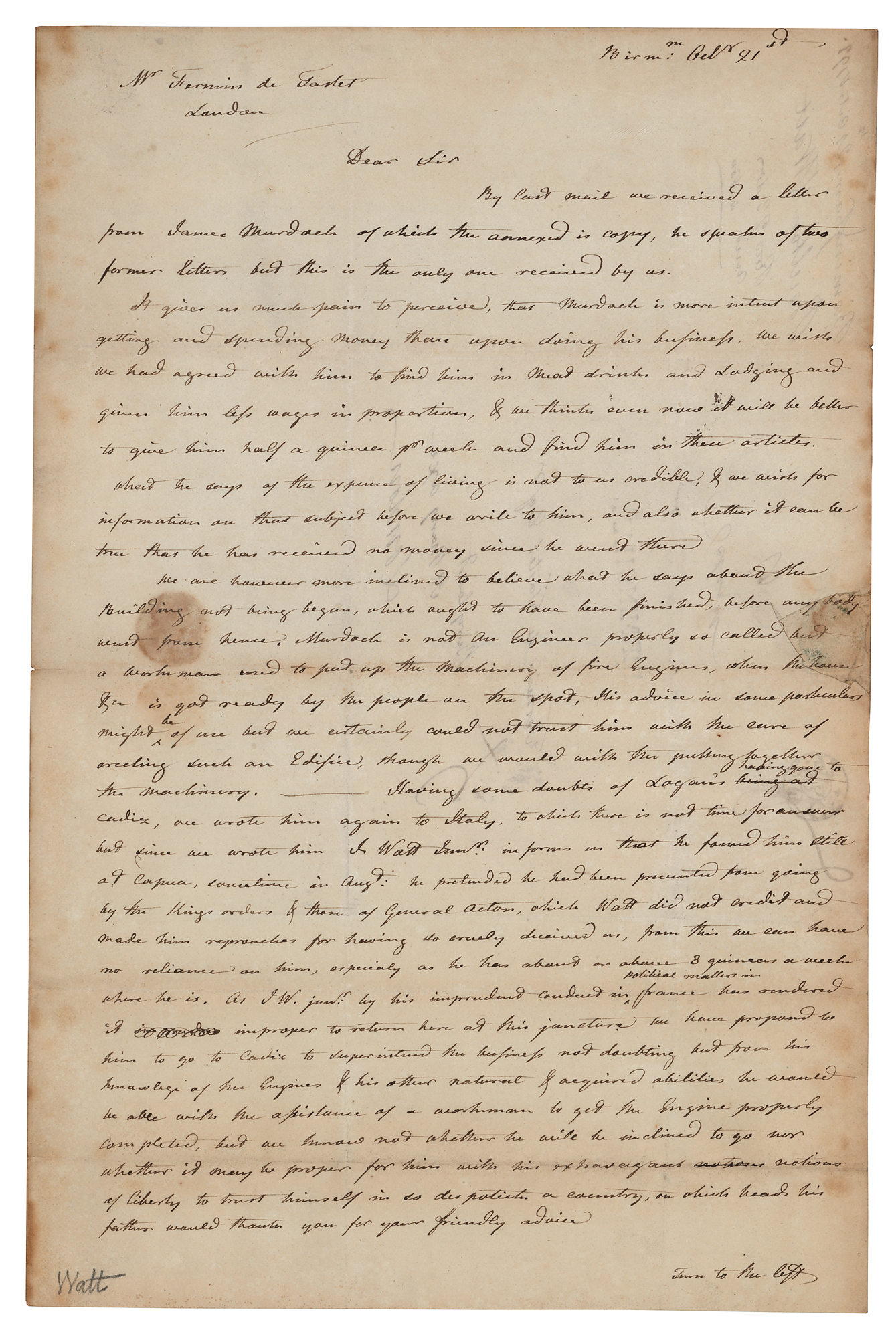 Lot #151 James Watt Autograph Letter Signed