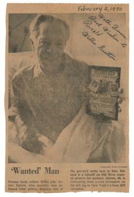 Lot #400 Willie Sutton Signed Newspaper Photo