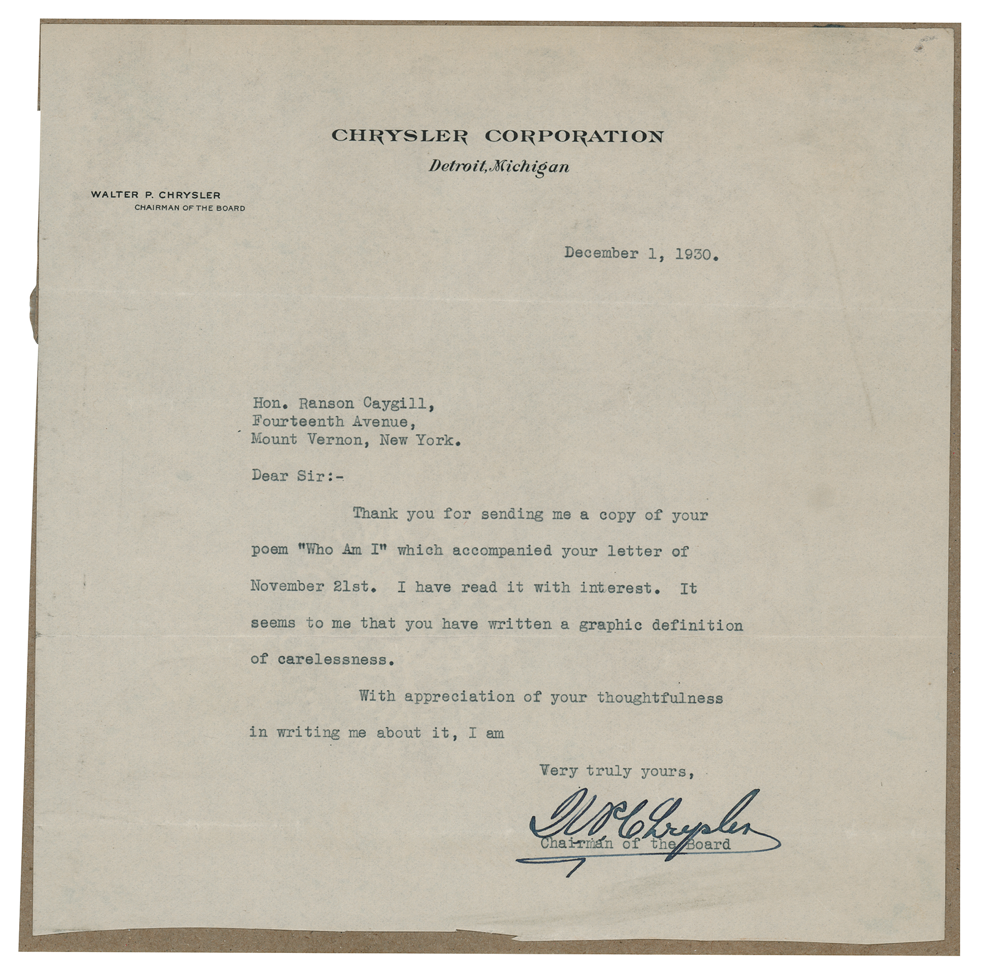 Lot #218 Walter P. Chrysler Typed Letter Signed
