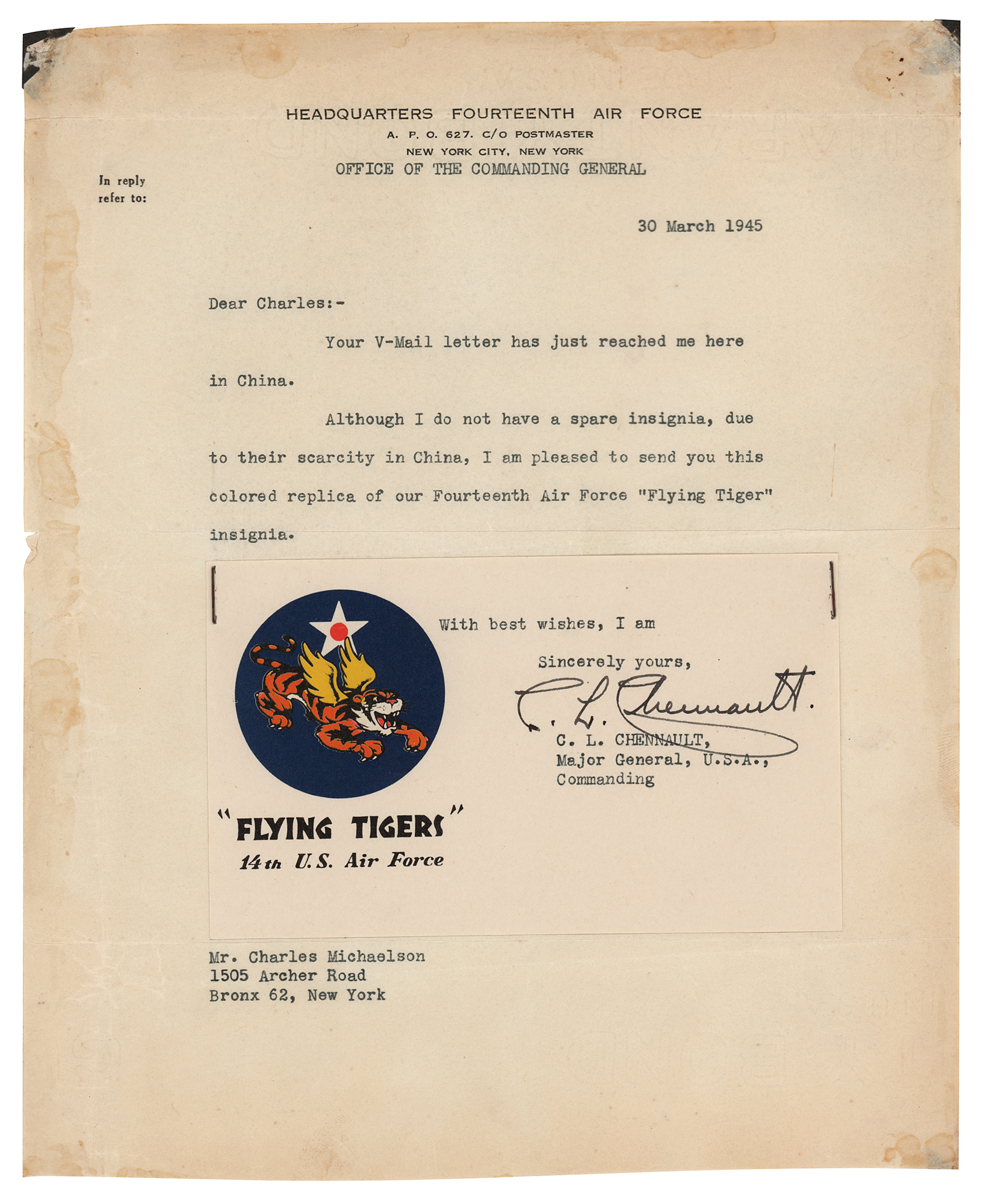 Lot #460 Claire L. Chennault Typed Letter Signed