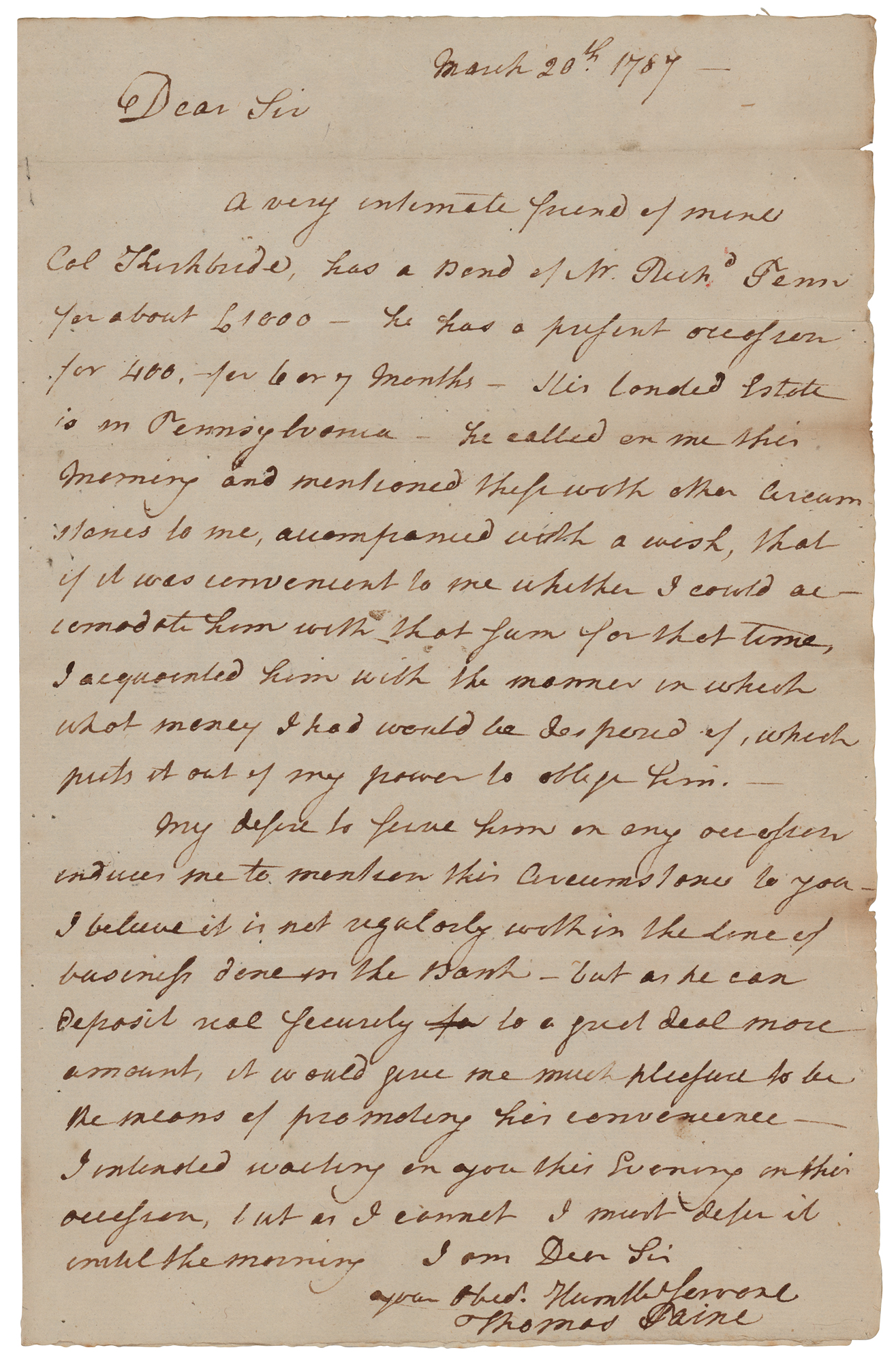 Lot #158 Thomas Paine Autograph Letter Signed