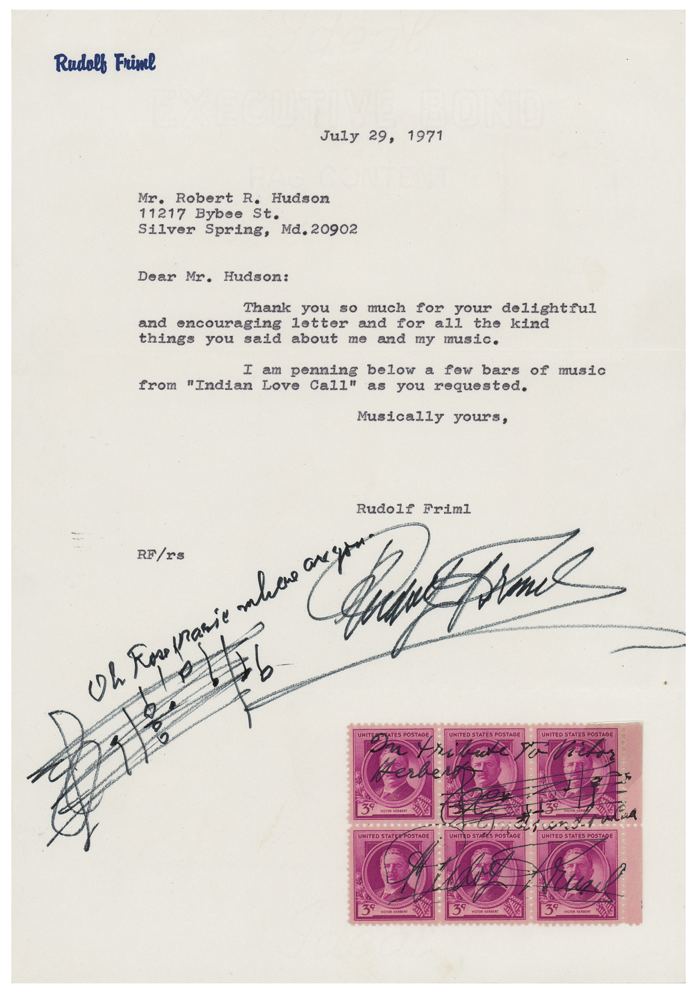 Lot #787 Rudolph Friml Typed Letter Signed and Autograph Musical Quotation Signed