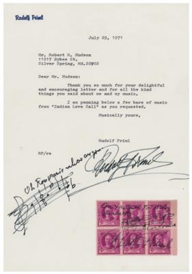 Lot #787 Rudolph Friml Typed Letter Signed and Autograph Musical Quotation Signed