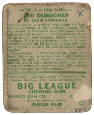 Lot #957 Leo Durocher Signed 1934 Goudey #7 Baseball Card - Image 2