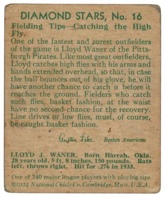 Lot #1009 Lloyd Waner Signed 1934 Diamond Stars #16 Baseball Card - Image 2