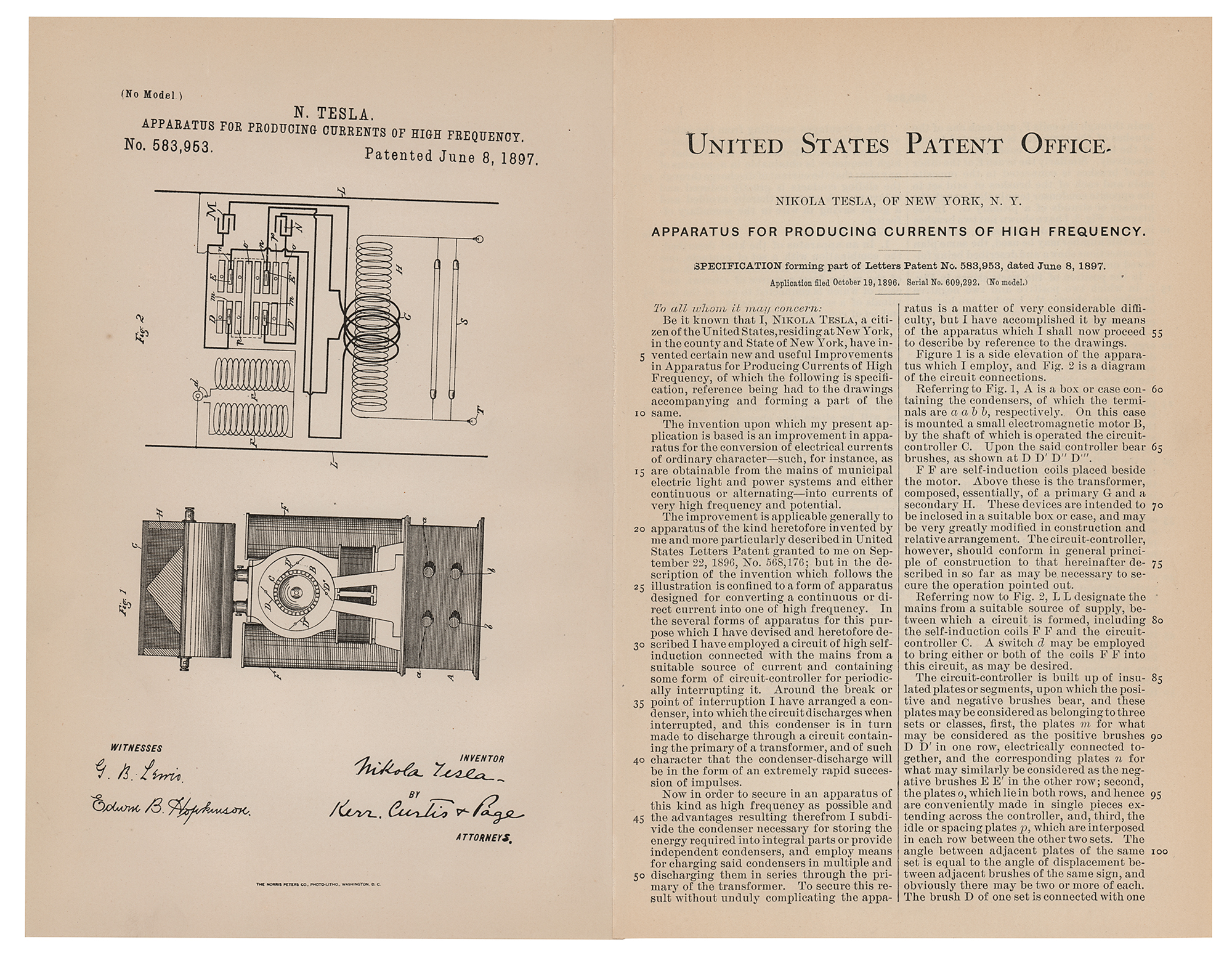 Lot #149 Nikola Tesla High Frequency Current Converter Patent Lithograph
