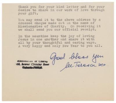 Lot #333 Mother Teresa Typed Letter Signed