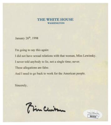Lot #45 Bill Clinton Signed Mock White House Statement - Image 1