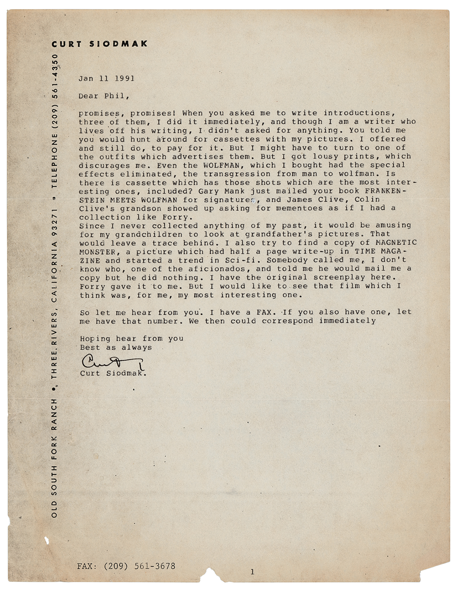 Lot #5471 Curt Siodmak Typed Letter Signed