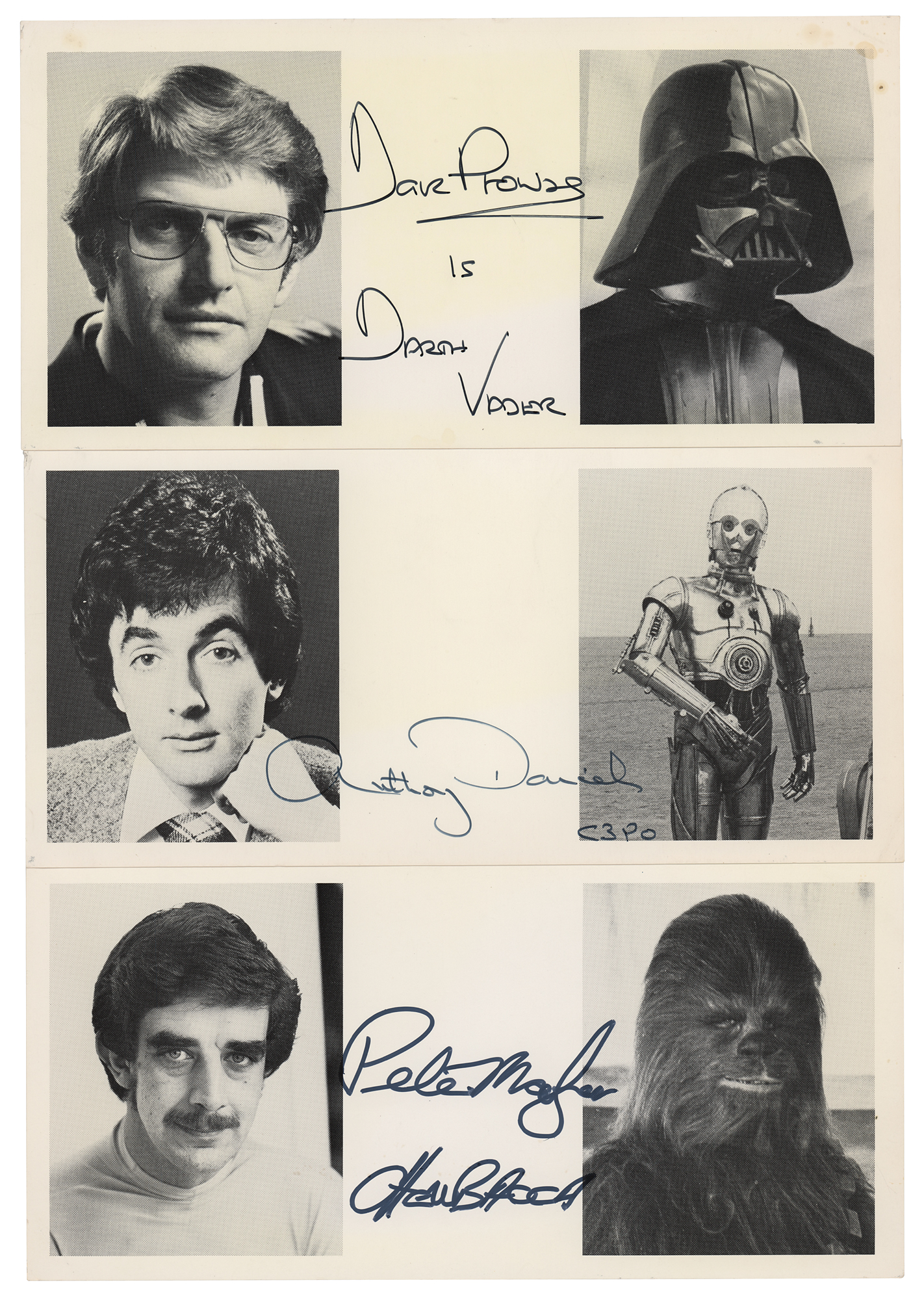 Lot #5593 Star Wars: Mayhew, Prowse, and Daniels (3) Signed Photographs