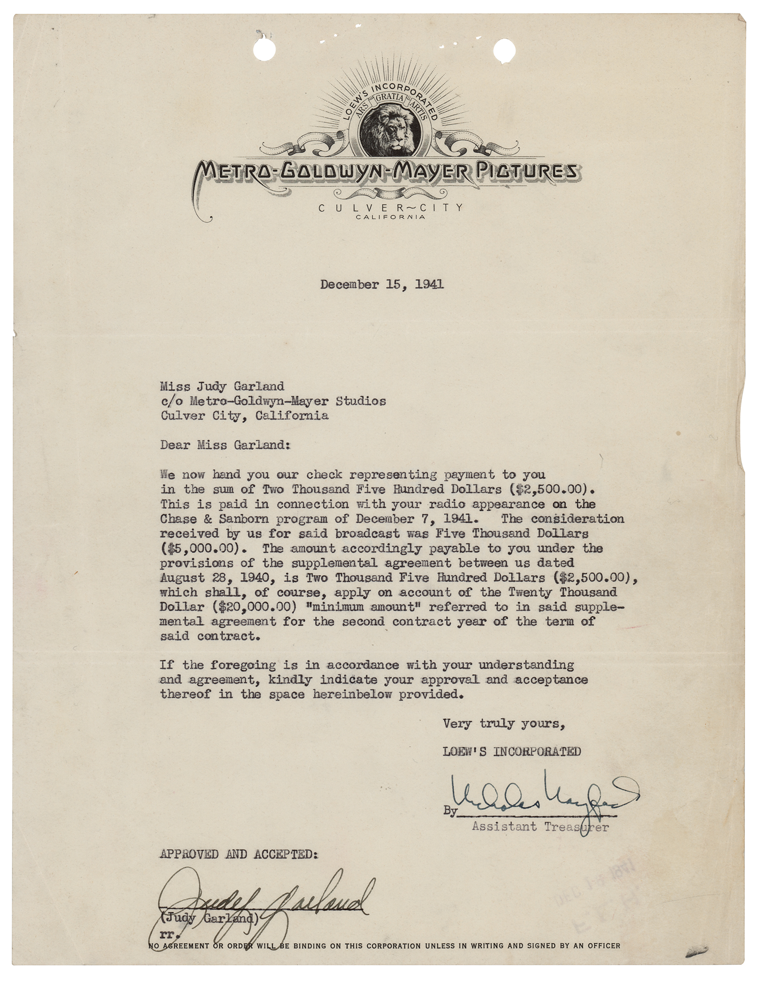 Lot #5014 Judy Garland Document Signed