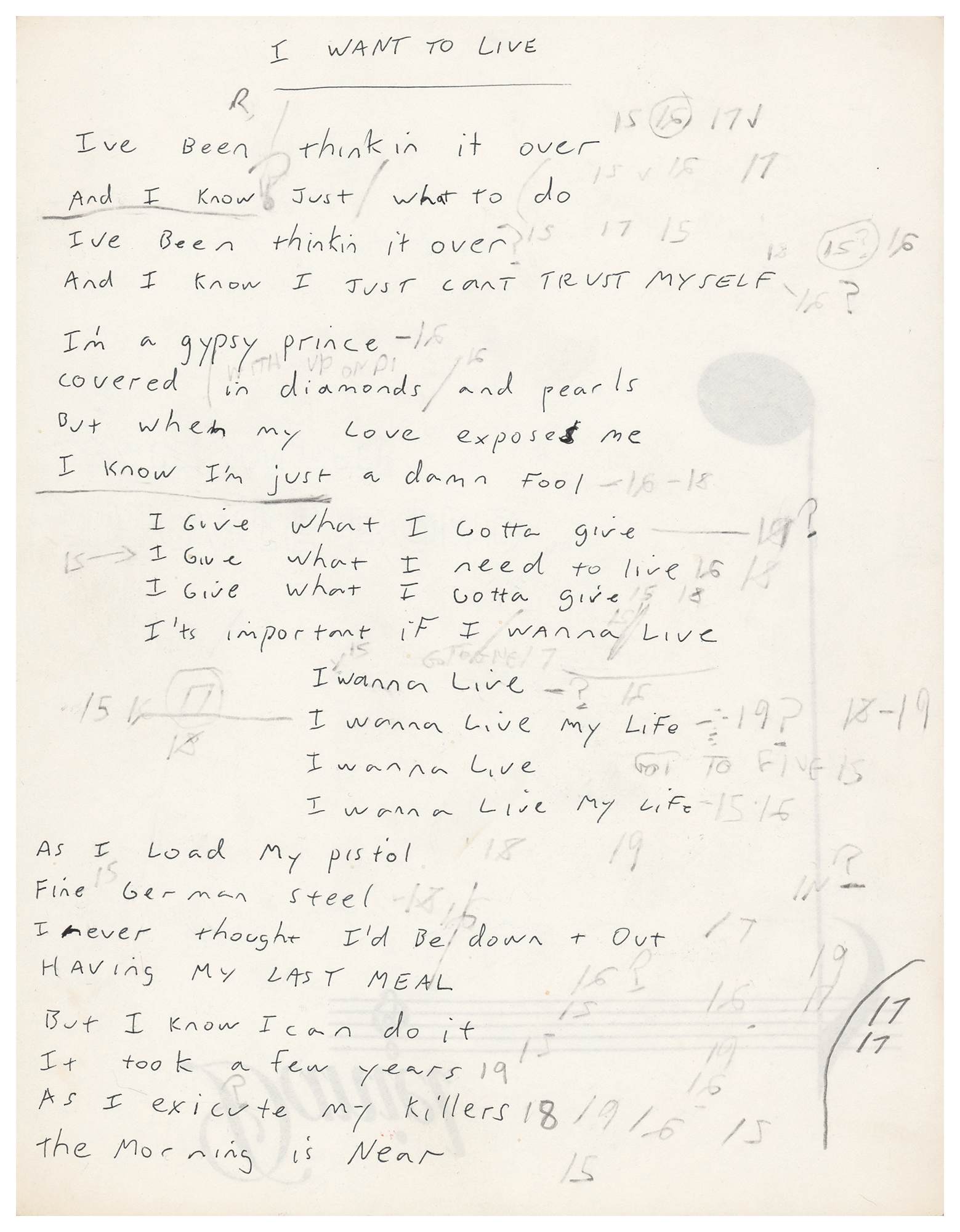 Lot #9017 Daniel Rey Handwritten Lyrics for 'I Wanna Live,' with Pencil Notations by Joey Ramone