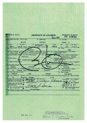 Lot #73 Barack Obama Signed Mock Birth Certificate