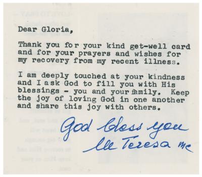Lot #362 Mother Teresa Typed Note Signed
