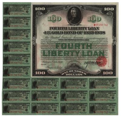 Lot #136 Fourth Liberty Loan $100 Bond (1918) with Coupons - Image 1