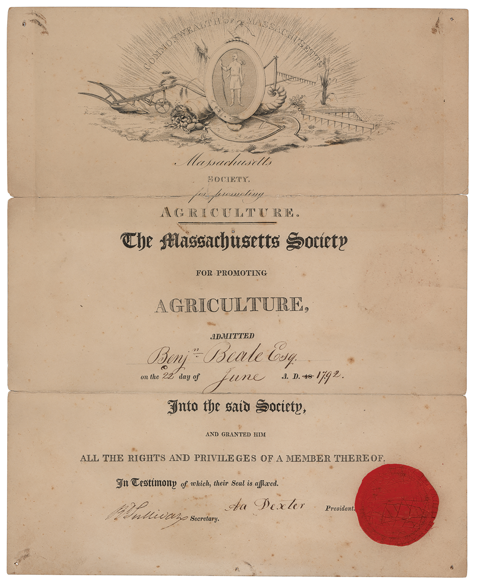 Lot #466 Massachusetts Society for Agriculture Certificate - Image 1