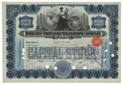 Lot #465 Marconi Wireless Telegraph Company Stock Certificate - Image 1