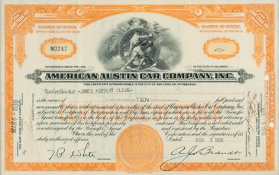 Lot #433 American Austin Car Company Stock Certificate - Image 1