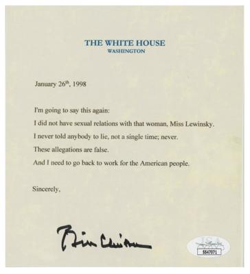 Lot #36 Bill Clinton Signed Mock White House Statement - Image 1