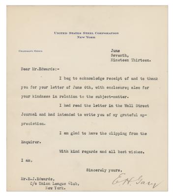 Lot #278 Elbert H. Gary Typed Letter Signed