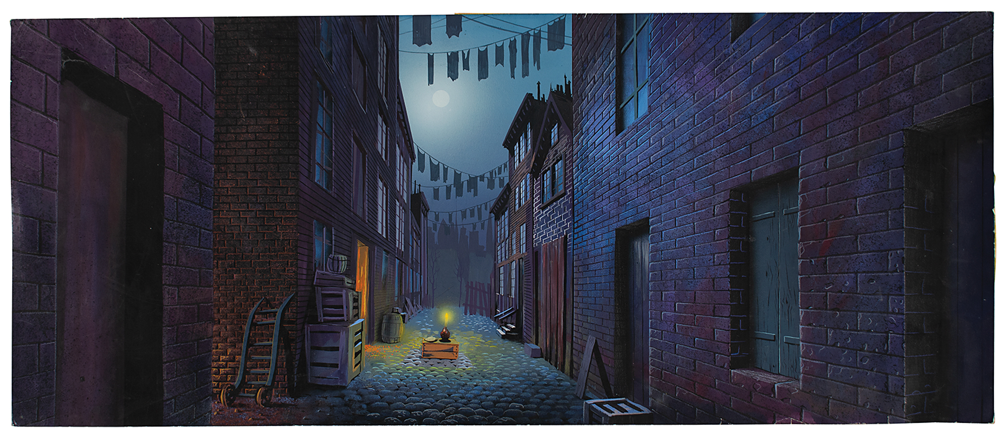 Lot #639 Eyvind Earle preliminary concept background painting from Lady and the Tramp ('Bella Notte')