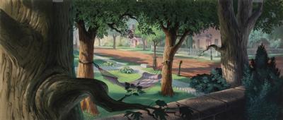Lot #640 Eyvind Earle production background painting from Lady and the Tramp ('Hammock') - Image 2