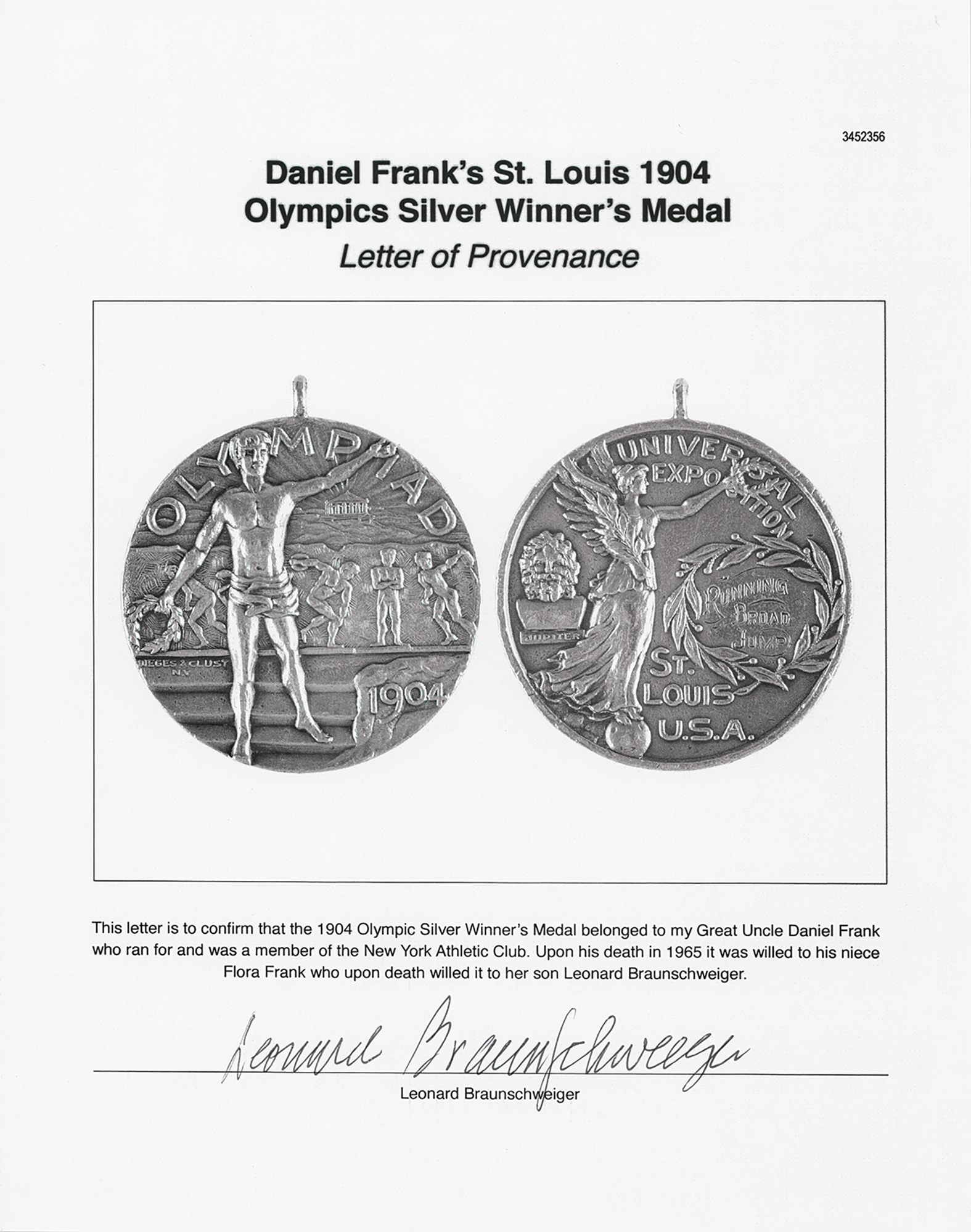 Lot #6013 Daniel Frank's St. Louis 1904 Olympics Silver Winner's Medal - Image 10