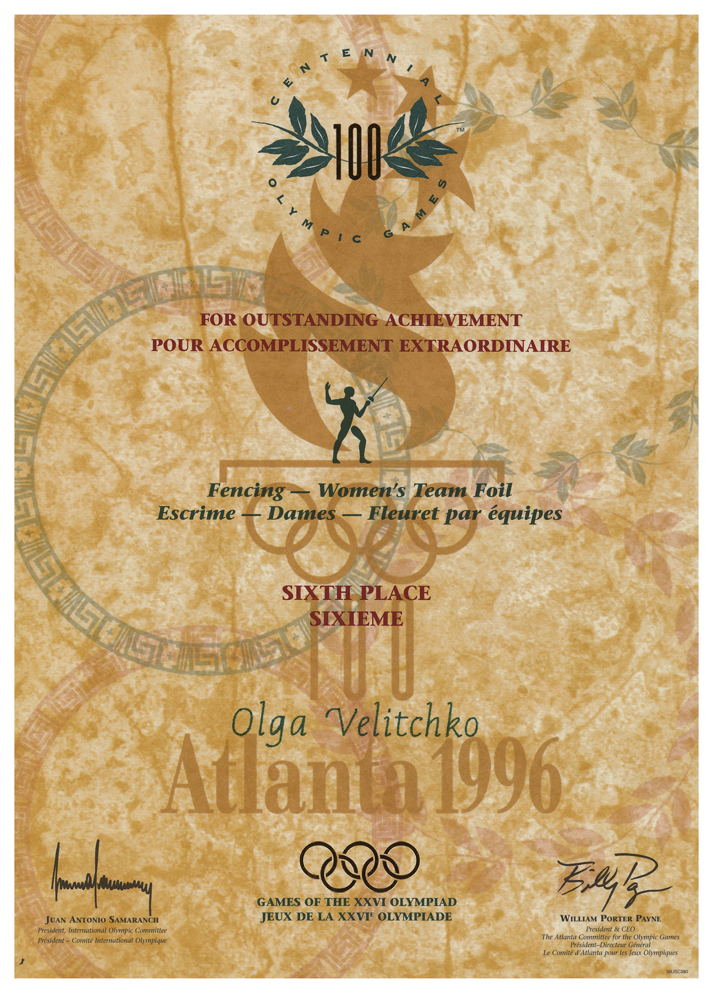 Lot #6155 Atlanta 1996 Summer Olympics Winner's Diploma
