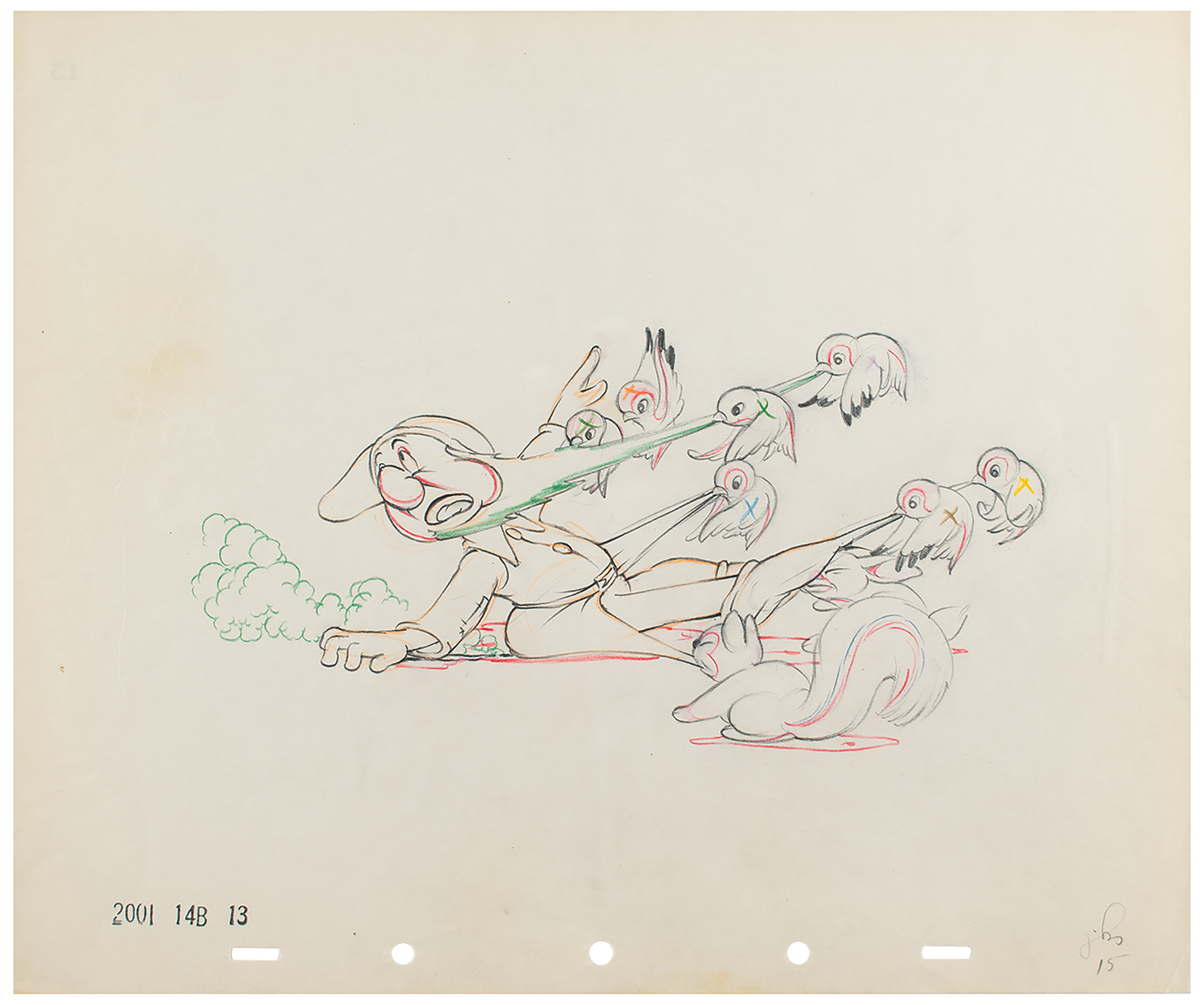 Lot #415 Bashful and birds production drawing from Snow White and the Seven Dwarfs