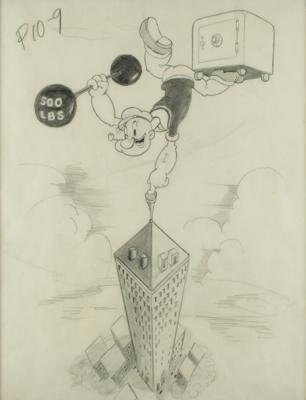 Lot #440 Popeye production poster art drawing from Doing Impossikible Stunts - Image 1