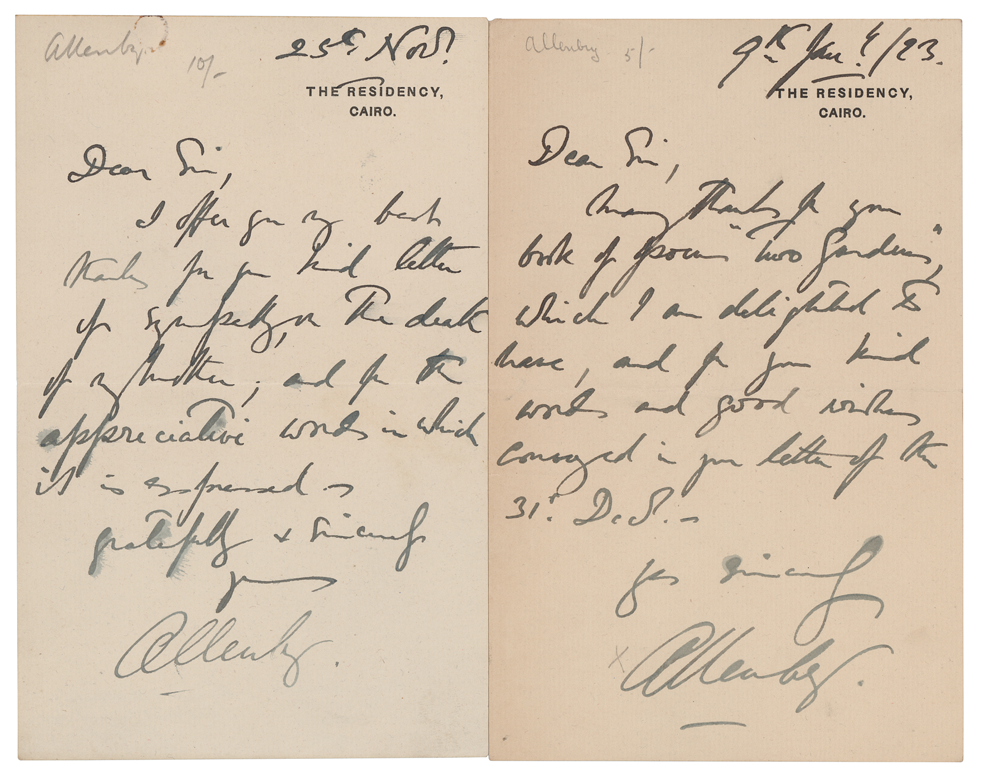 Lot #274 Edmund Allenby (2) Autograph Letters Signed