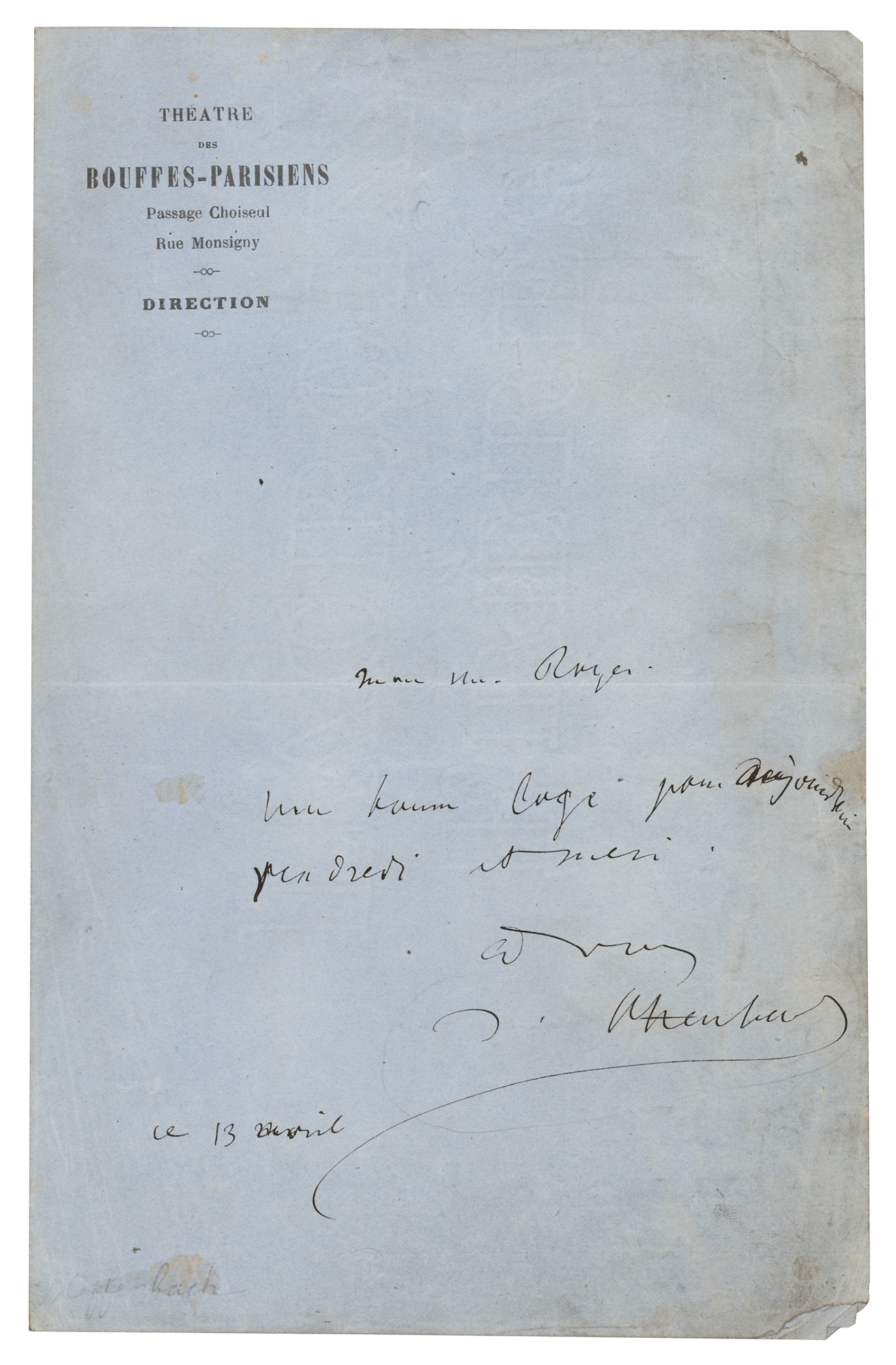 Lot #555 Jacques Offenbach Autograph Letter Signed