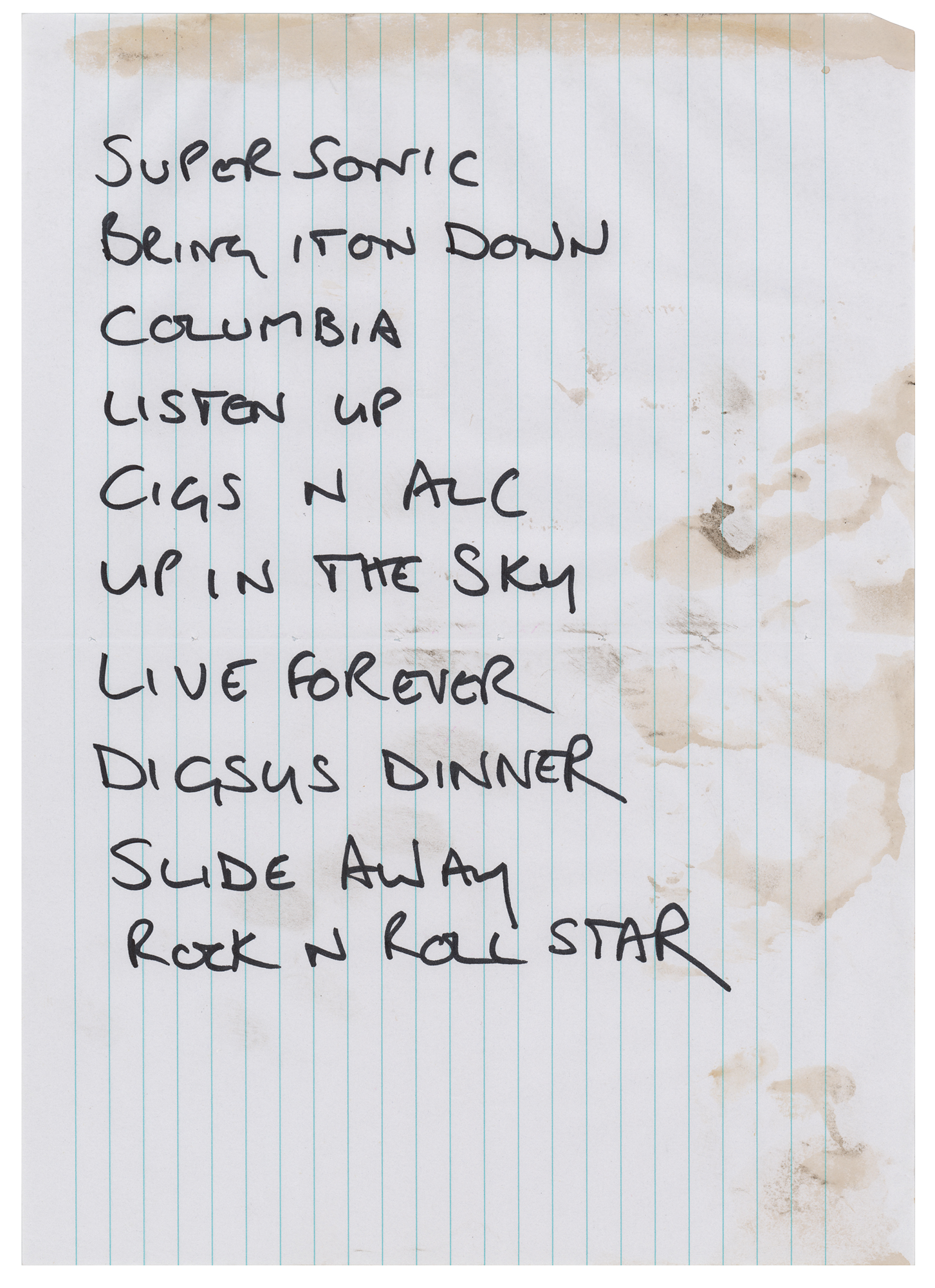 Lot #632 Oasis: Noel Gallagher Handwritten Concert Set List