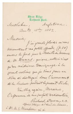 Lot #181 Richard Owen Autograph Letter Signed