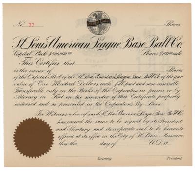 Lot #806 Baseball: St. Louis American League Baseball Company Stock Certificate