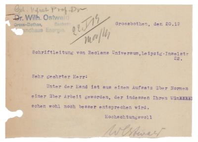 Lot #180 Wilhelm Ostwald Typed Letter Signed