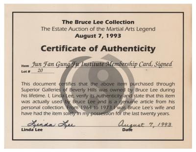Lot #676 Bruce Lee Signed Membership Card for the Jun Fan Gung Fu Institute - Image 2