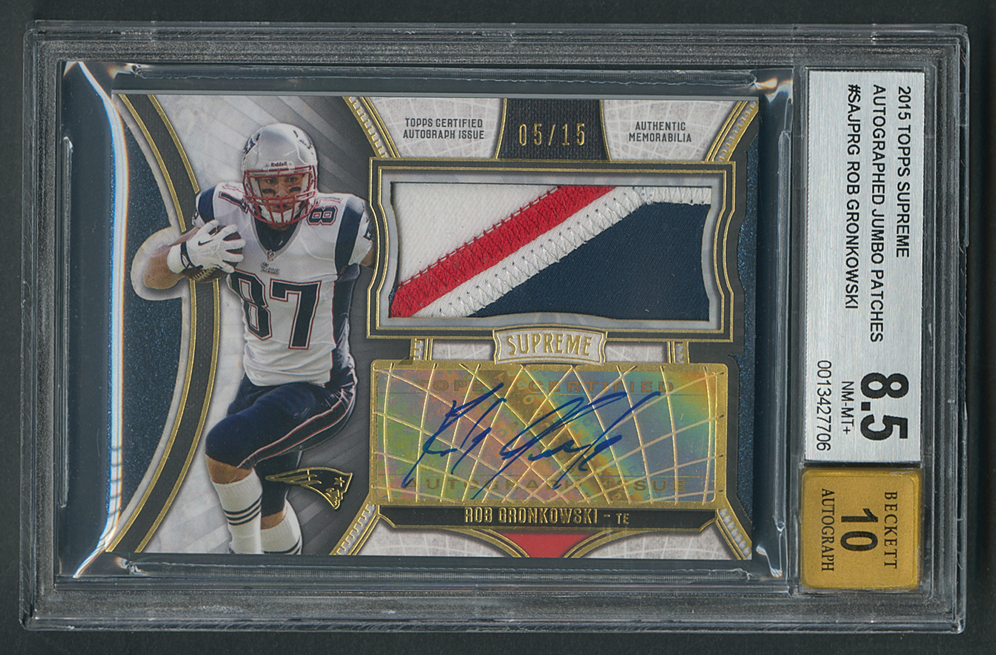 Lot #1018 2015 Topps Supreme Rob Gronkowski Autograph/Patch (5/15) BGS NM-MT+ 8.5/10