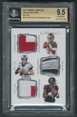 Lot #1033 2017 Panini Flawless Triple Patches Silver Wentz/Watson/Winston Relic (9/10) BGS GEM MINT 9.5 - Image 1