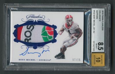 Lot #1039 2018 Panini Flawless Collegiate Sapphire Sony Michel Autograph/Patch (7/15) BGS NM-MT+ 8.5/10 - Image 1