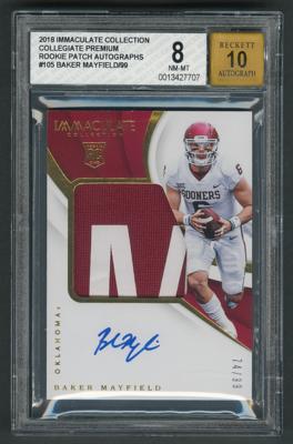 Lot #1036 2018 Immaculate Collection Collegiate Premium Baker Mayfield Autograph/Patch (74/99) BGS NM-MT 8/10 - Image 1
