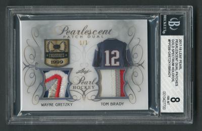 Lot #1060 2017-18 Leaf Pearl Pearlescent Dual Patches Gold Spectrum Holofoil Wayne Gretzky/Tom Brady (1/1) BGS NM-MT 8