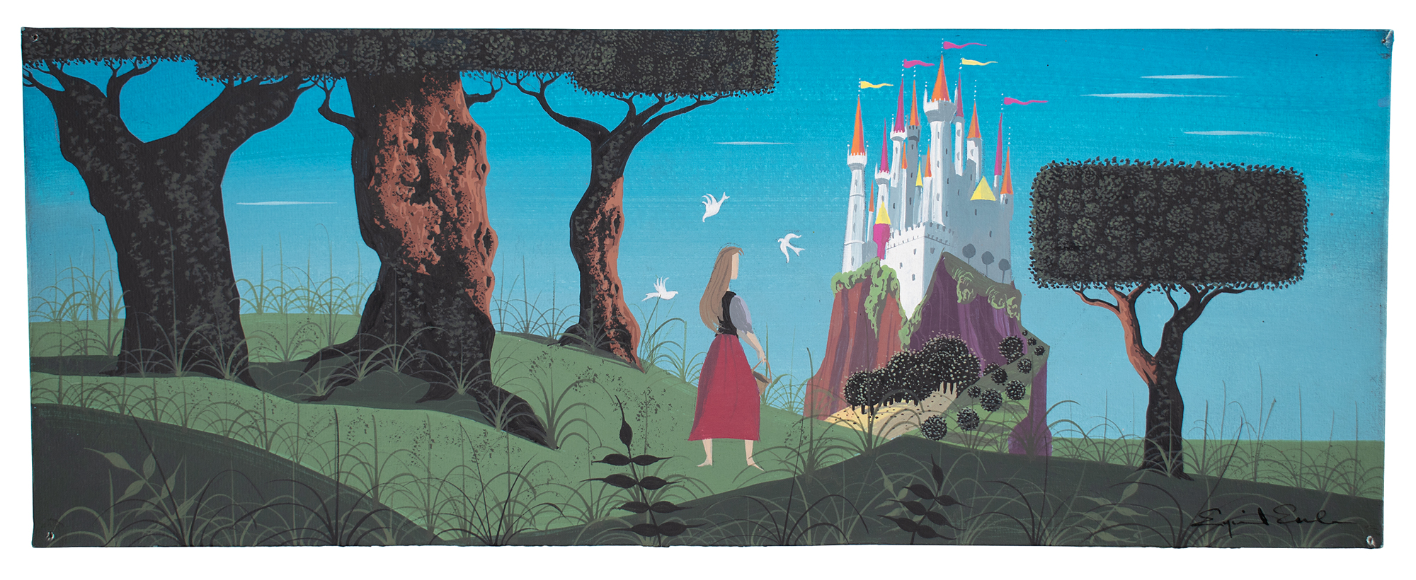 Lot #425 Eyvind Earle concept storyboard painting of Briar Rose from Sleeping Beauty