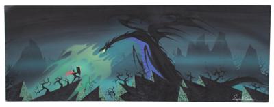 Lot #426 Eyvind Earle panorama concept storyboard painting of Prince Phillip and Maleficent from Sleeping Beauty
