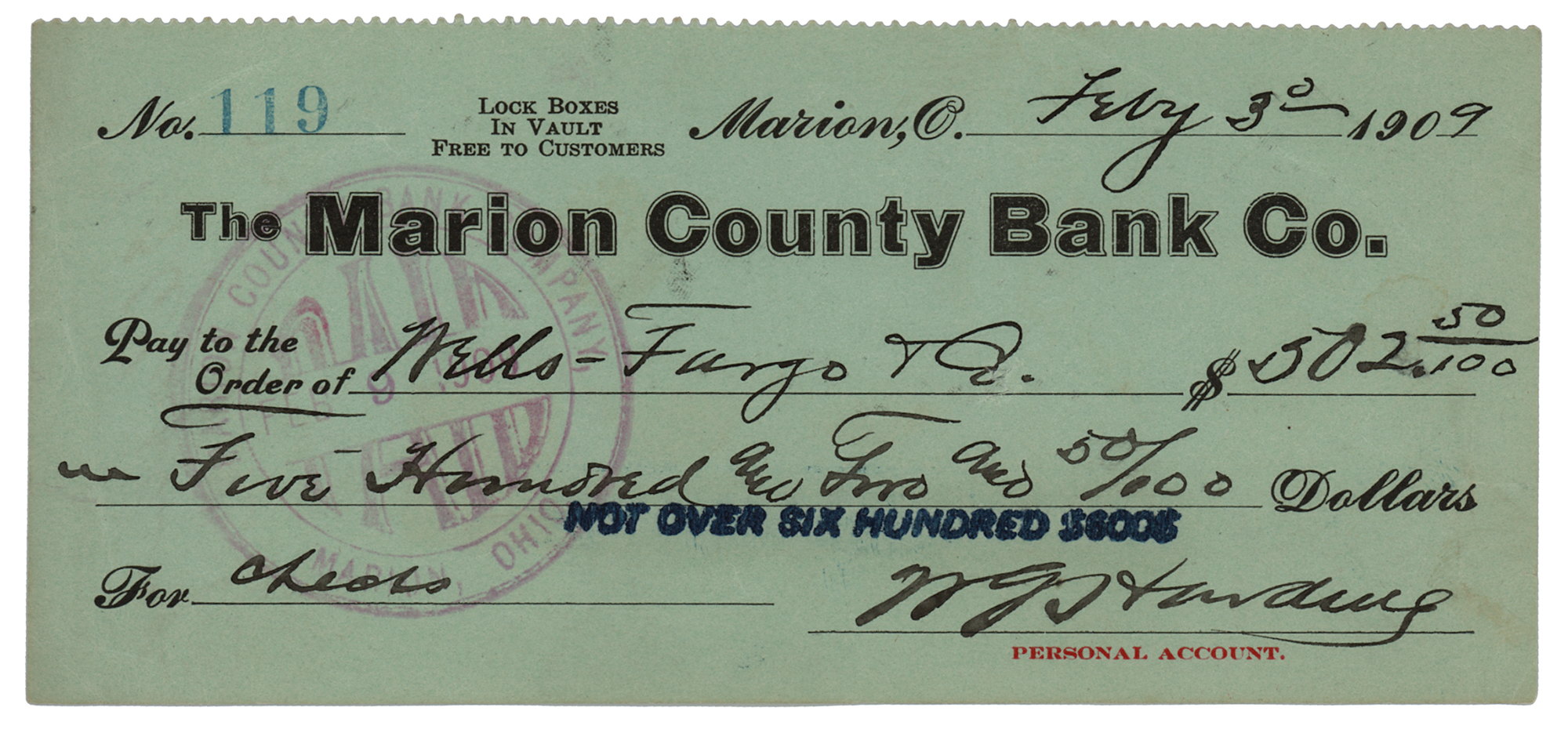 Lot #7071 Warren G. Harding Signed Check