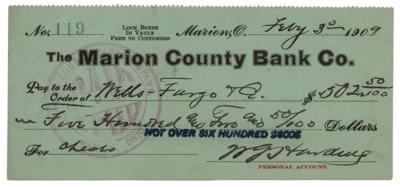 Lot #7071 Warren G. Harding Signed Check